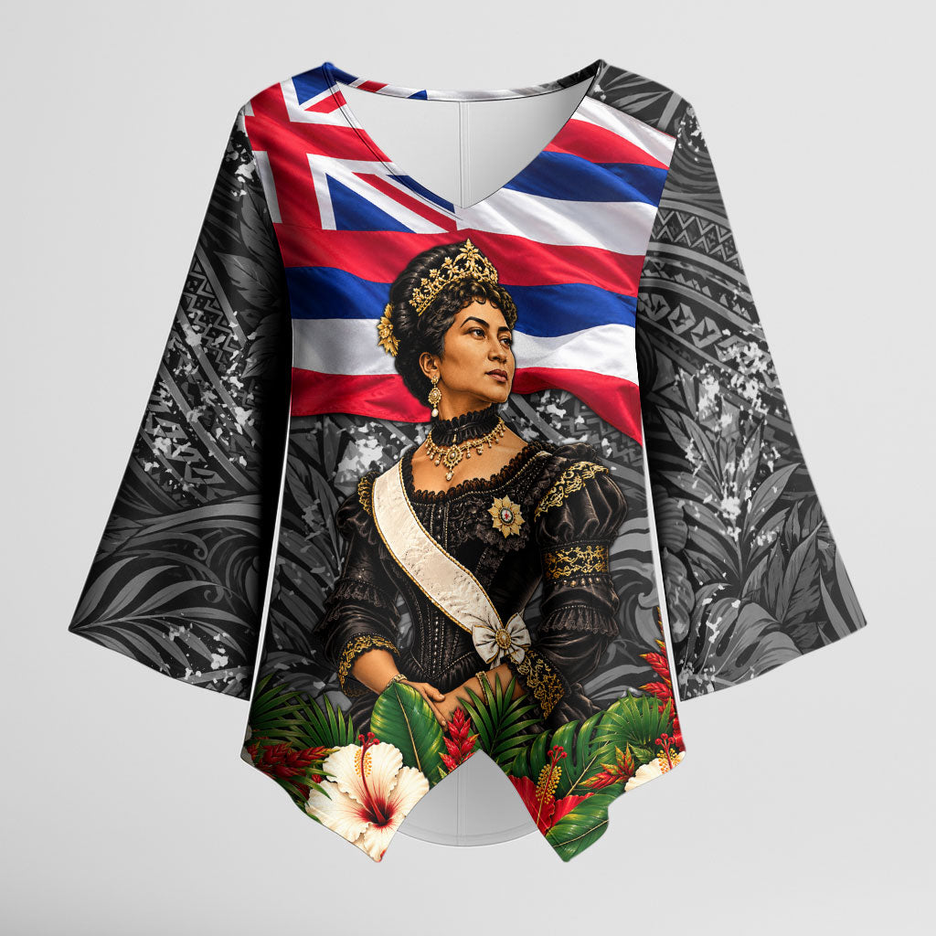Queen Liliuokalani Hawaiian Flag Kimono Sleeve Blouse Polynesian Tribal Pattern And Tropical Hibiscus TS04 Female Grey Red - Polynesian Pride