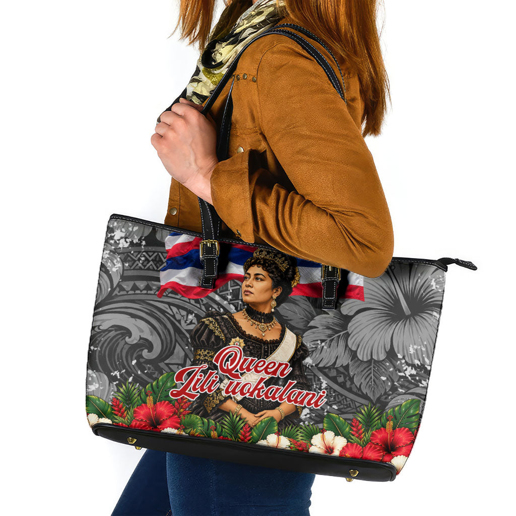 Queen Liliuokalani Hawaiian Flag Leather Tote Bag Polynesian Tribal Pattern And Tropical Hibiscus