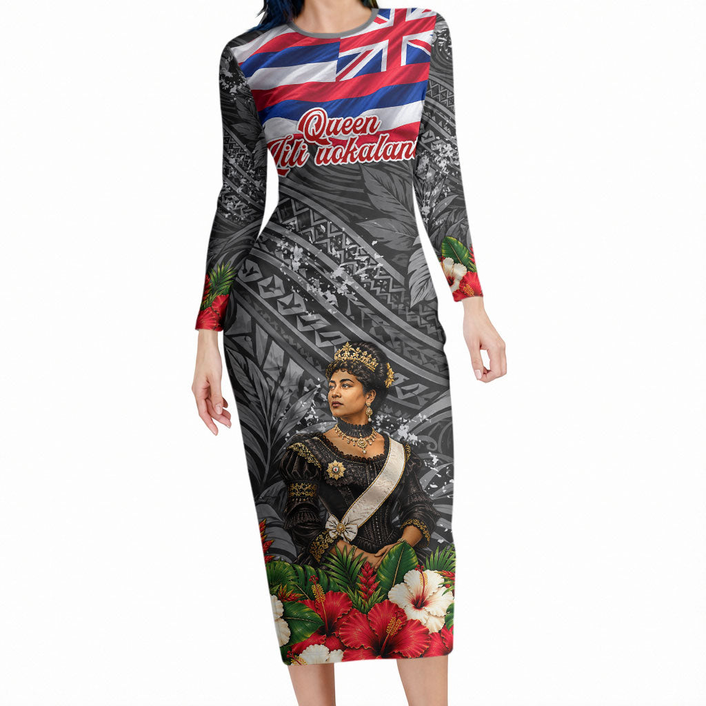 Queen Liliuokalani Hawaiian Flag Long Sleeve Bodycon Dress Polynesian Tribal Pattern And Tropical Hibiscus
