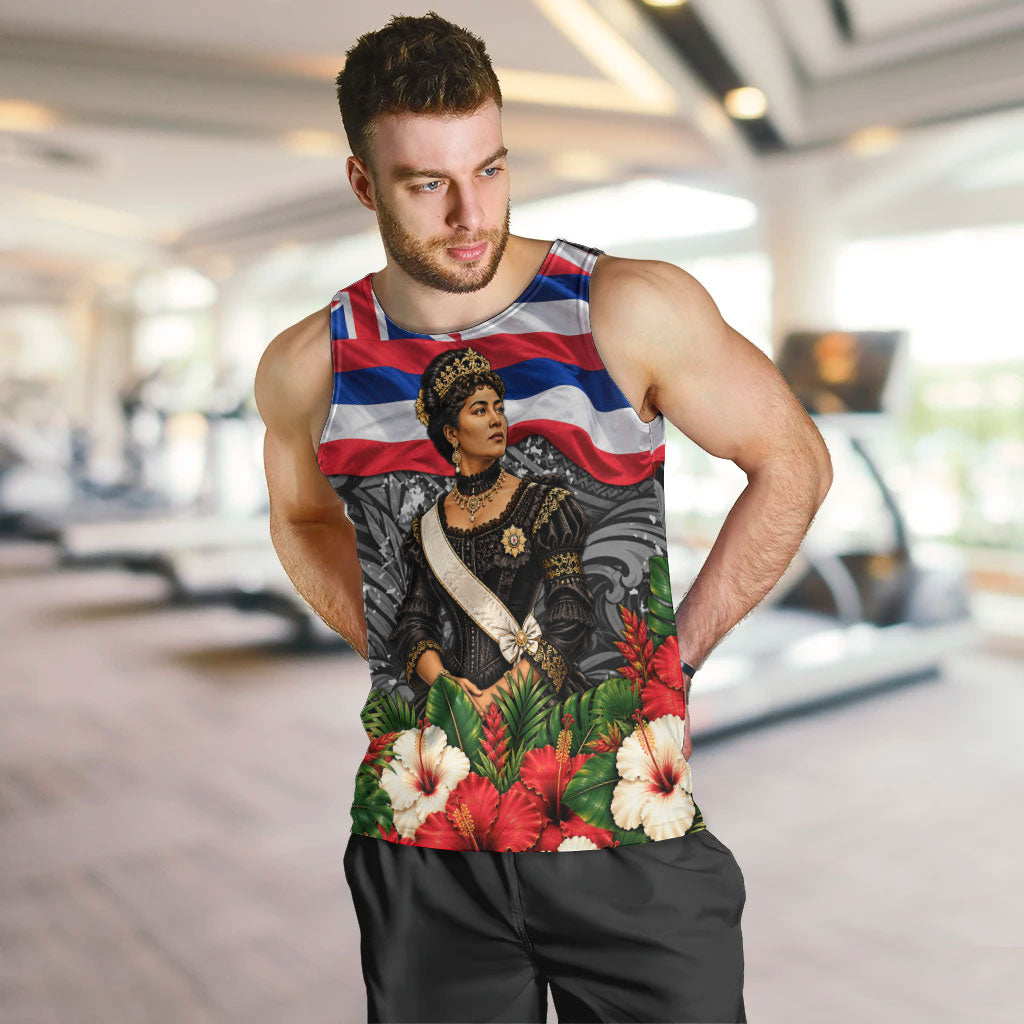 Queen Liliuokalani Hawaiian Flag Men Tank Top Polynesian Tribal Pattern And Tropical Hibiscus TS04 Grey Red - Polynesian Pride