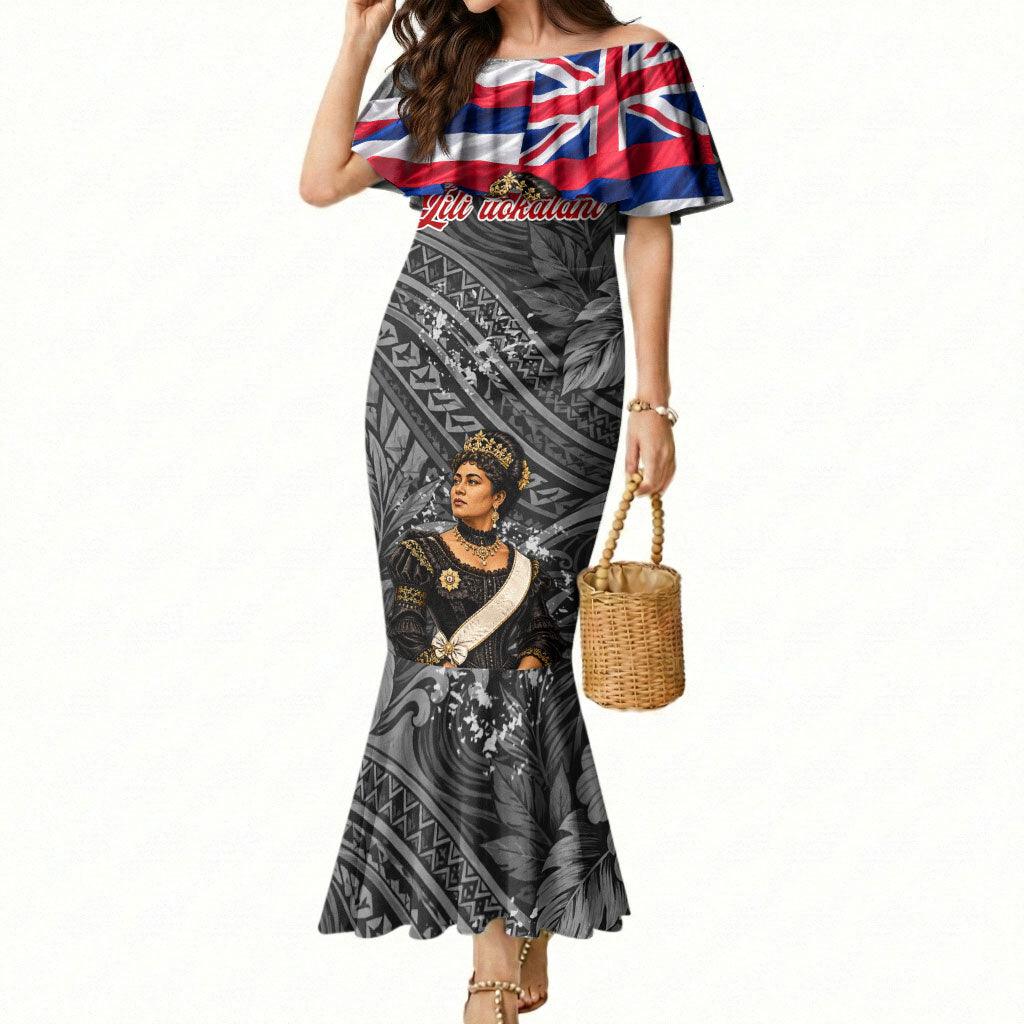 Queen Liliuokalani Hawaiian Flag Mermaid Dress Polynesian Tribal Pattern And Tropical Hibiscus