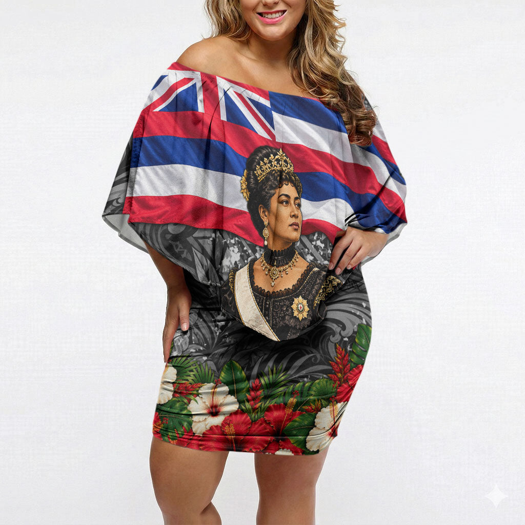 Queen Liliuokalani Hawaiian Flag Off Shoulder Short Dress Polynesian Tribal Pattern And Tropical Hibiscus