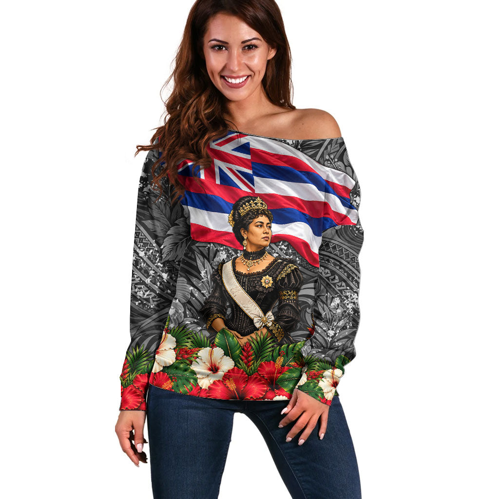 Queen Liliuokalani Hawaiian Flag Off Shoulder Sweater Polynesian Tribal Pattern And Tropical Hibiscus TS04 Women Grey Red - Polynesian Pride