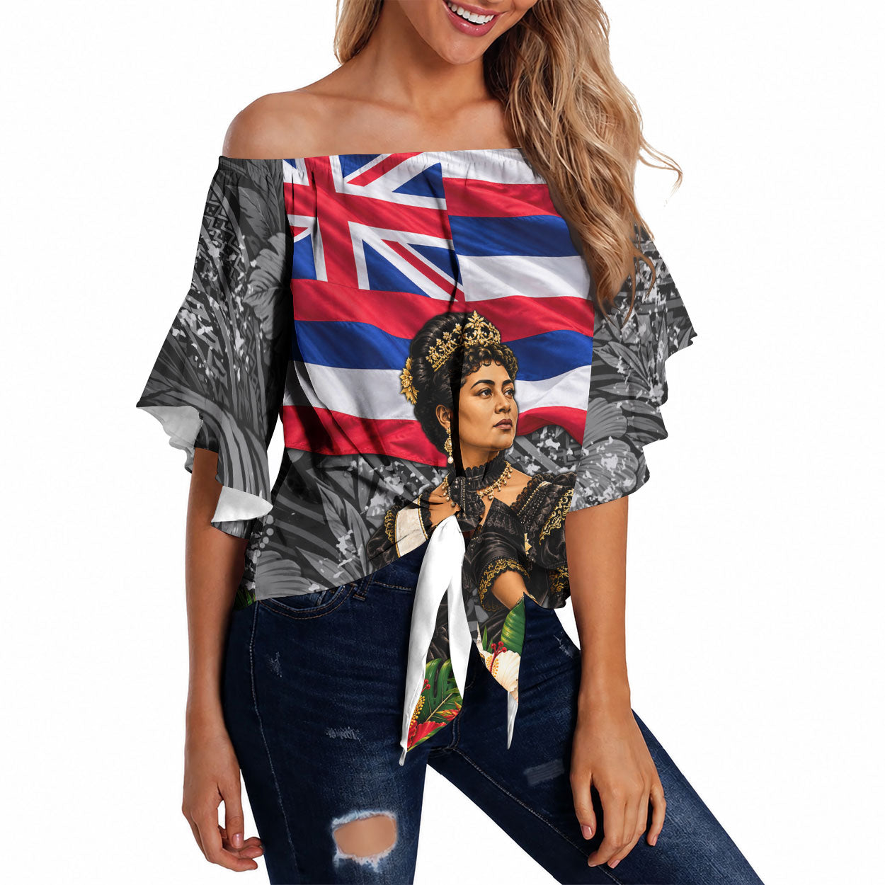 Queen Liliuokalani Hawaiian Flag Off Shoulder Wrap Waist Top Polynesian Tribal Pattern And Tropical Hibiscus