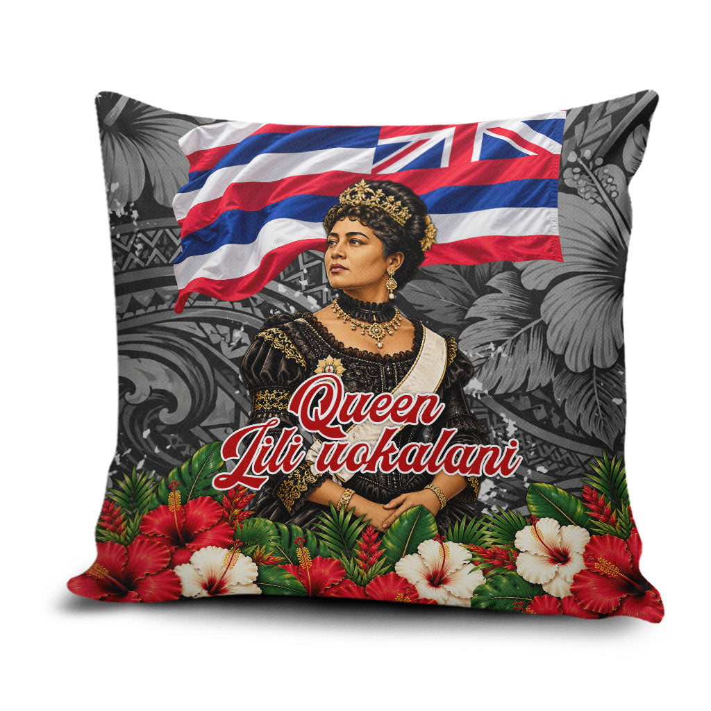 Queen Liliuokalani Hawaiian Flag Pillow Cover Polynesian Tribal Pattern And Tropical Hibiscus