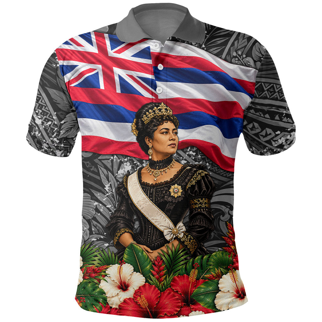 Queen Liliuokalani Hawaiian Flag Polo Shirt Polynesian Tribal Pattern And Tropical Hibiscus TS04 Grey Red - Polynesian Pride