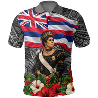 Queen Liliuokalani Hawaiian Flag Polo Shirt Polynesian Tribal Pattern And Tropical Hibiscus TS04 Grey Red - Polynesian Pride
