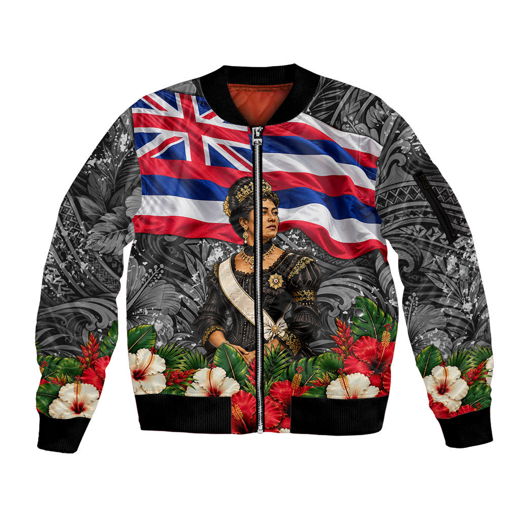 Queen Liliuokalani Hawaiian Flag Sleeve Zip Bomber Jacket Polynesian Tribal Pattern And Tropical Hibiscus TS04 Unisex Grey Red - Polynesian Pride