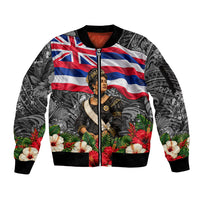Queen Liliuokalani Hawaiian Flag Sleeve Zip Bomber Jacket Polynesian Tribal Pattern And Tropical Hibiscus TS04 Unisex Grey Red - Polynesian Pride