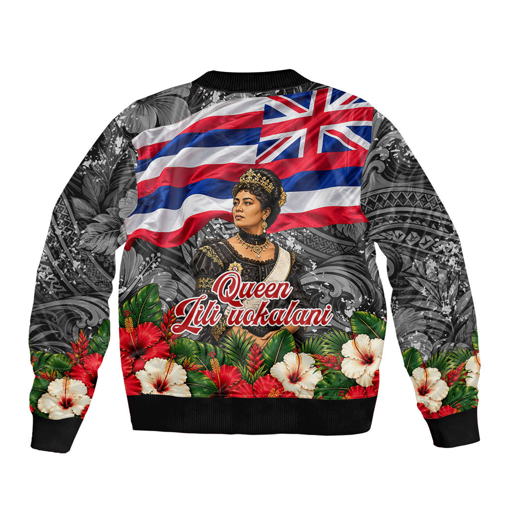 Queen Liliuokalani Hawaiian Flag Sleeve Zip Bomber Jacket Polynesian Tribal Pattern And Tropical Hibiscus TS04 - Polynesian Pride