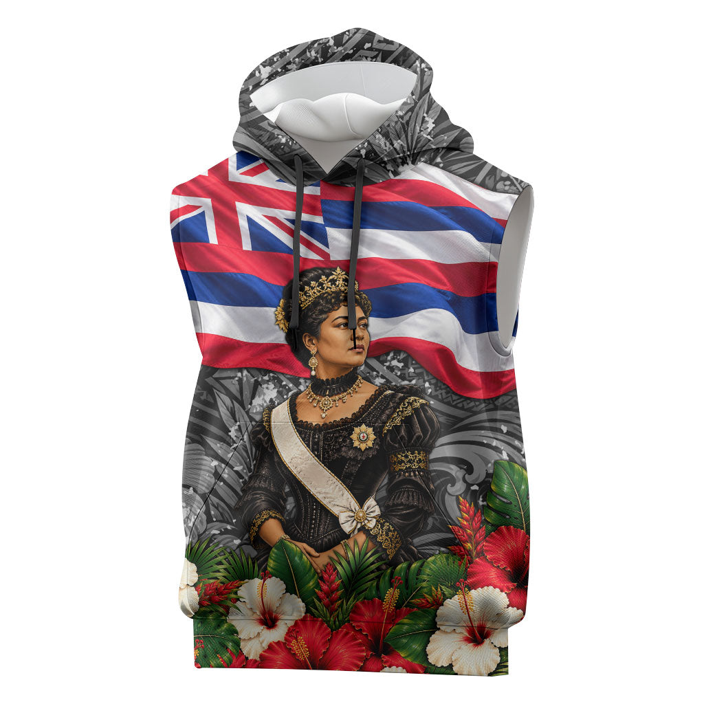 Queen Liliuokalani Hawaiian Flag Sleeveless Hoodie Polynesian Tribal Pattern And Tropical Hibiscus