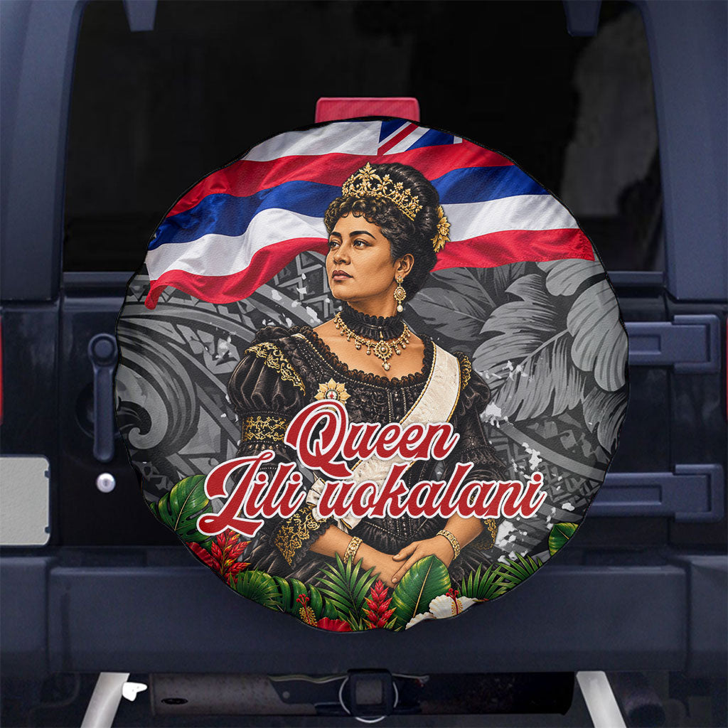 Queen Liliuokalani Hawaiian Flag Spare Tire Cover Polynesian Tribal Pattern And Tropical Hibiscus