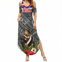 Queen Liliuokalani Hawaiian Flag Summer Maxi Dress Polynesian Tribal Pattern And Tropical Hibiscus TS04 Women Grey Red - Polynesian Pride