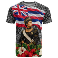 Queen Liliuokalani Hawaiian Flag T Shirt Polynesian Tribal Pattern And Tropical Hibiscus TS04 Grey Red - Polynesian Pride