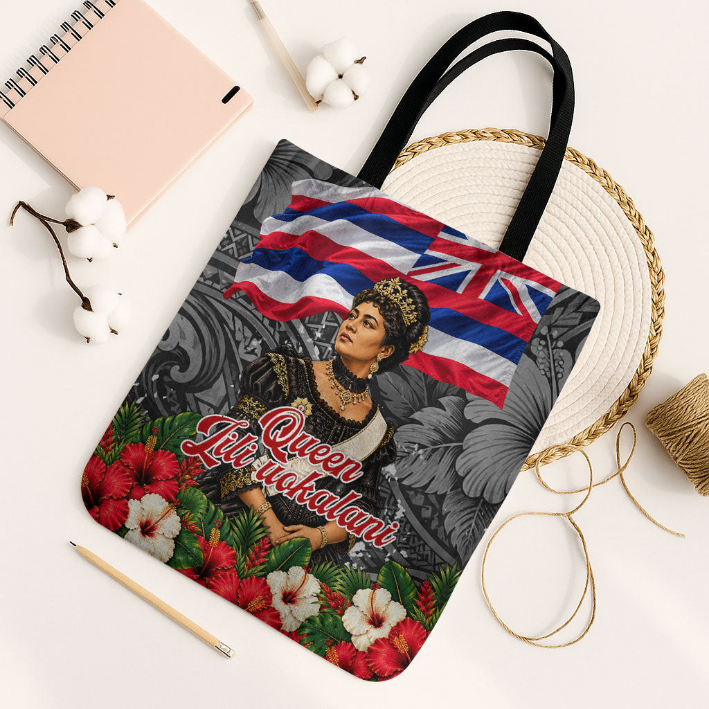 Queen Liliuokalani Hawaiian Flag Tote Bag Polynesian Tribal Pattern And Tropical Hibiscus