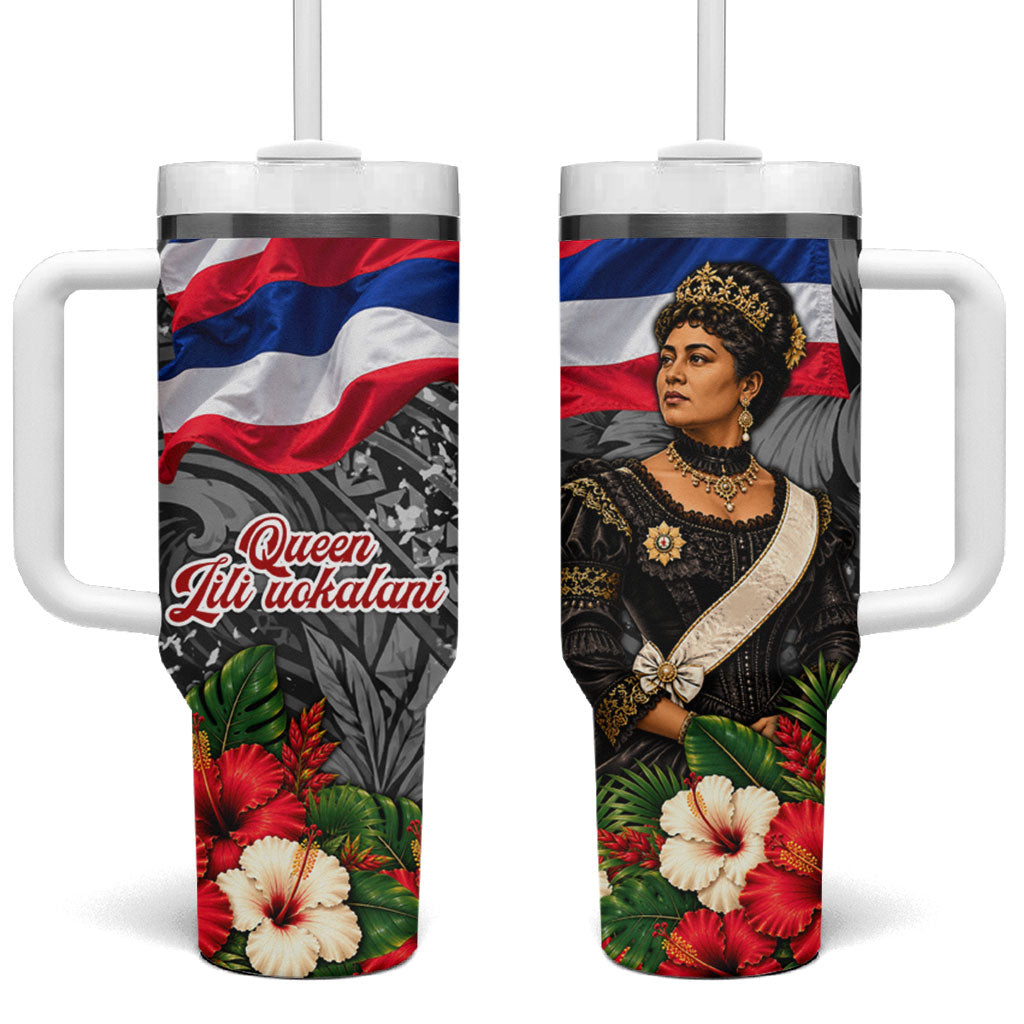 Queen Liliuokalani Hawaiian Flag Tumbler With Handle Polynesian Tribal Pattern And Tropical Hibiscus