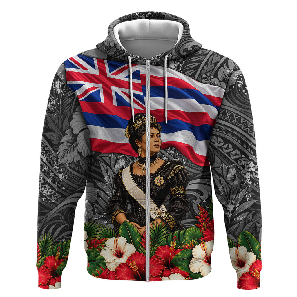 Queen Liliuokalani Hawaiian Flag Zip Hoodie Polynesian Tribal Pattern And Tropical Hibiscus