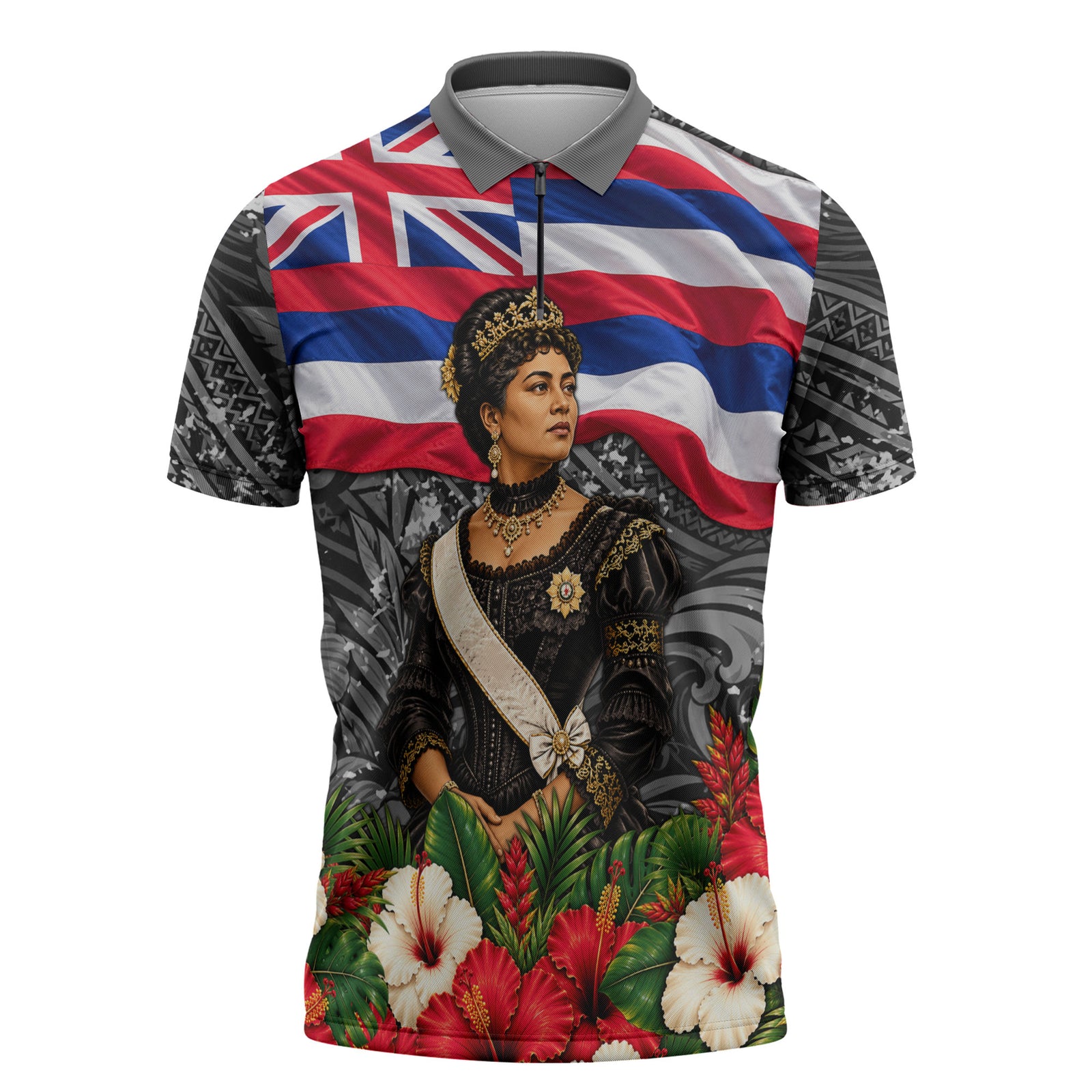 Queen Liliuokalani Hawaiian Flag Zipper Polo Shirt Polynesian Tribal Pattern And Tropical Hibiscus TS04 Grey Red - Polynesian Pride