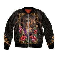 Queen Liliuokalani Hawaii Bomber Jacket Royal Portrait Golden Floral Frame Tropical Hibiscus TS04 Unisex Black Gold - Polynesian Pride