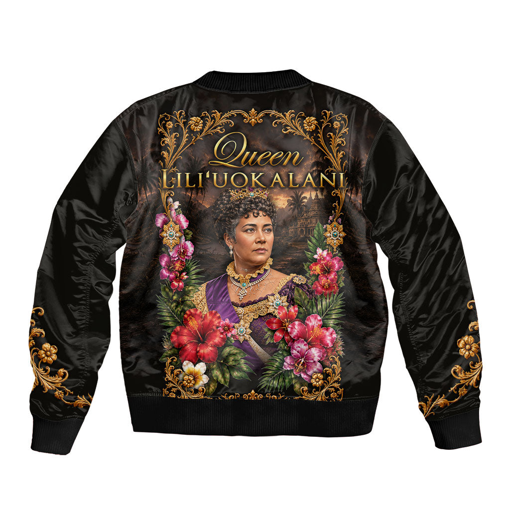 Queen Liliuokalani Hawaii Bomber Jacket Royal Portrait Golden Floral Frame Tropical Hibiscus TS04 - Polynesian Pride