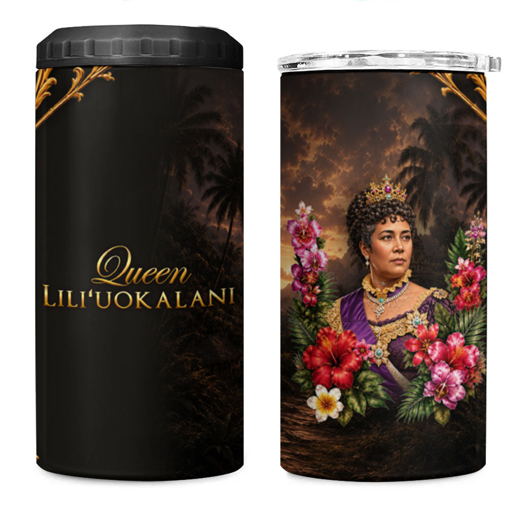 Queen Liliuokalani Hawaii 4 in 1 Can Cooler Tumbler Royal Portrait Golden Floral Frame Tropical Hibiscus TS04 One Size: 16 oz Black Gold - Polynesian Pride