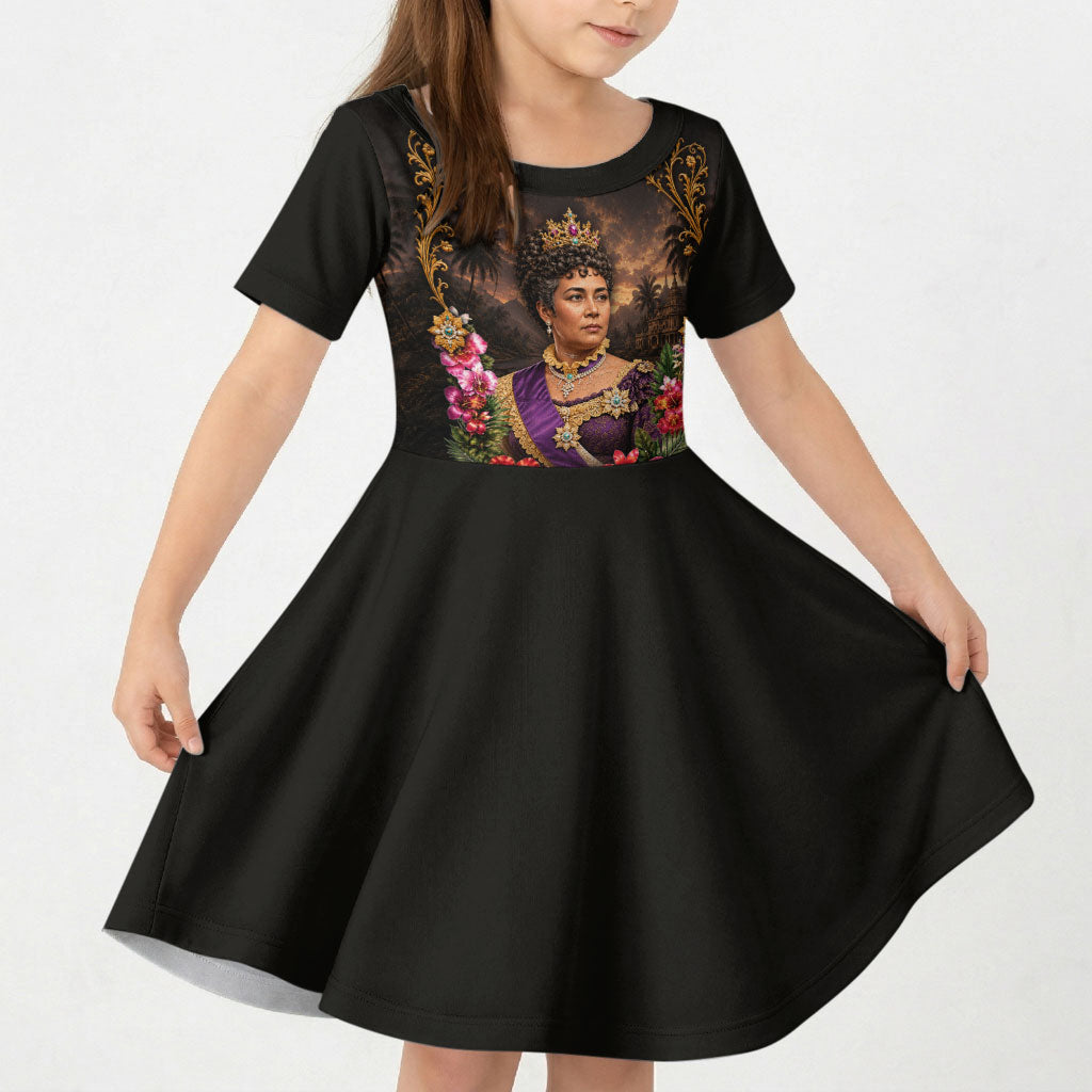 Queen Liliuokalani Hawaii Kid Short Sleeve Dress Royal Portrait Golden Floral Frame Tropical Hibiscus TS04 KID Black Gold - Polynesian Pride