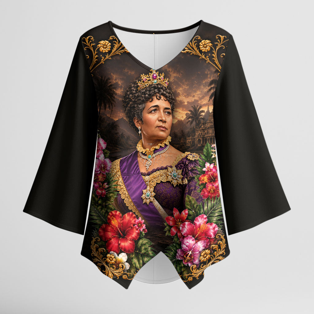 Queen Liliuokalani Hawaii Kimono Sleeve Blouse Royal Portrait Golden Floral Frame Tropical Hibiscus TS04 Female Black Gold - Polynesian Pride