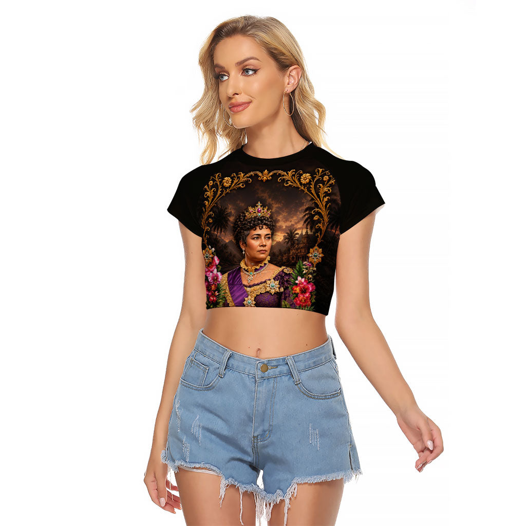 Queen Liliuokalani Hawaii Raglan Cropped T Shirt Royal Portrait Golden Floral Frame Tropical Hibiscus TS04 Female Black Gold - Polynesian Pride
