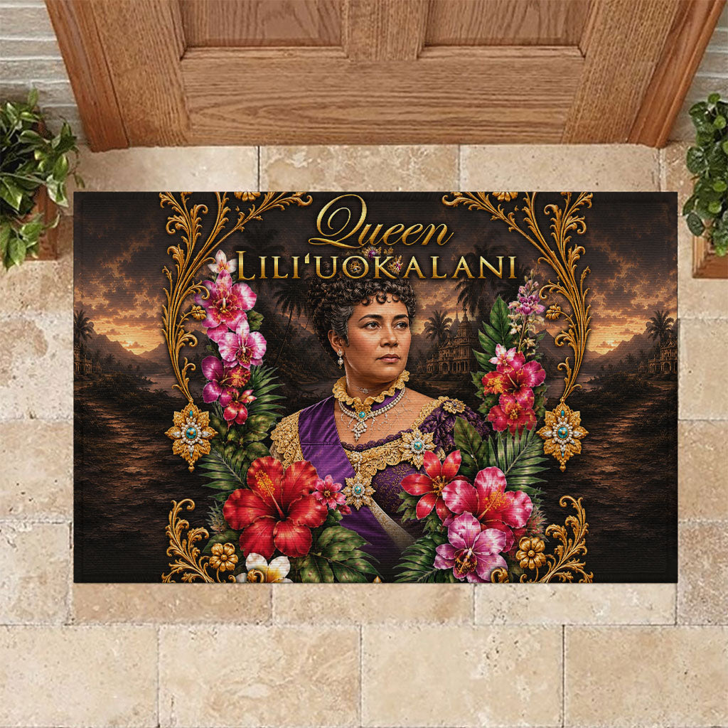 Queen Liliuokalani Hawaii Rubber Doormat Royal Portrait Golden Floral Frame Tropical Hibiscus TS04 Black Gold - Polynesian Pride