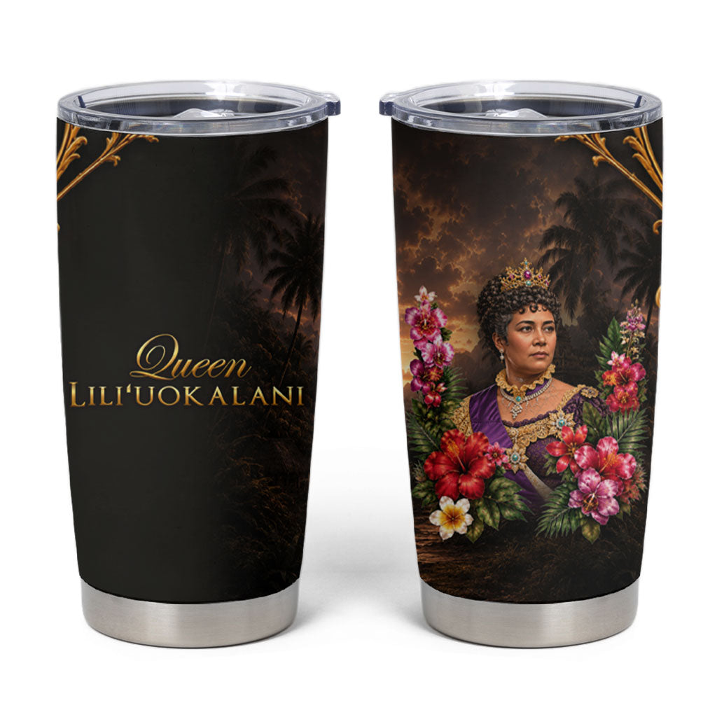 Queen Liliuokalani Hawaii Tumbler Cup Royal Portrait Golden Floral Frame Tropical Hibiscus TS04 Black Gold - Polynesian Pride