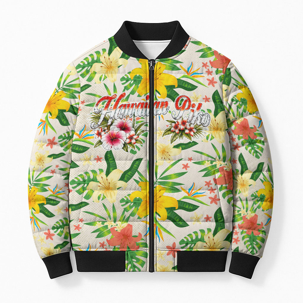 Hawaiian Piko Threads Of Paradise Aloha Bomber Puffer Jacket Tropical Hibiscus Plumeria TS04 Unisex White Green - Polynesian Pride