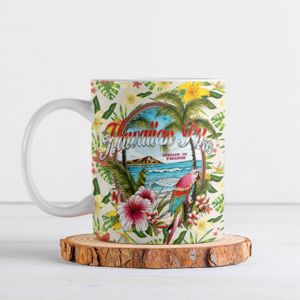 Hawaiian Piko Threads Of Paradise Aloha Ceramic Mug Tropical Hibiscus Plumeria TS04 White Green - Polynesian Pride