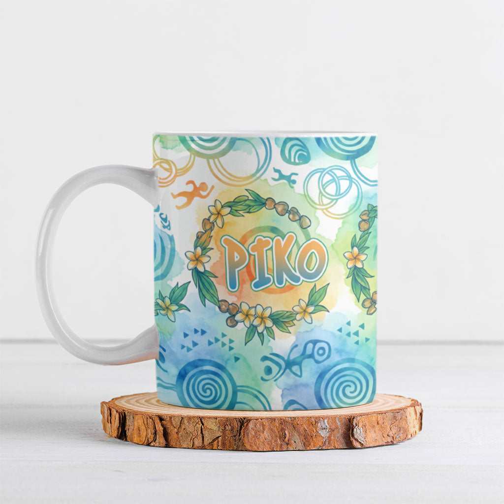 Hawaiian Piko Cultural Pride Aloha Ceramic Mug Watercolor Spiral Art - Tropical Plumeria Lei Garland TS04 White Blue - Polynesian Pride