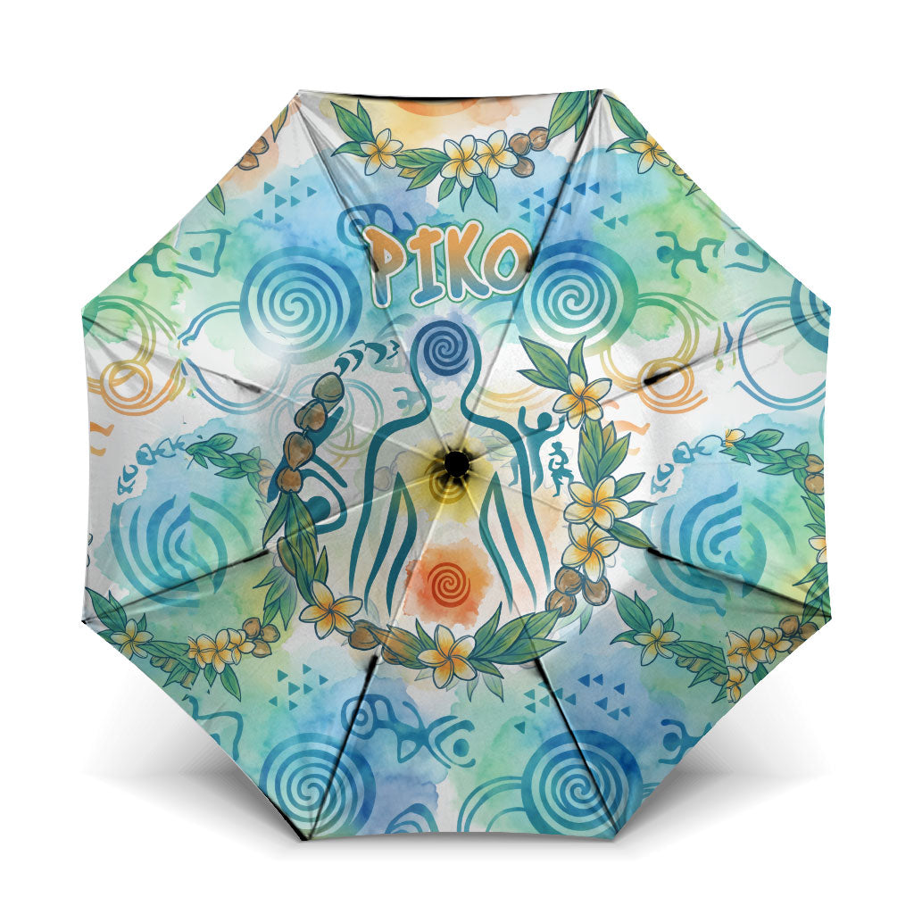 Hawaiian Piko Cultural Pride Aloha Umbrella Watercolor Spiral Art - Tropical Plumeria Lei Garland TS04 One Size Folded 11.42 inch Opened Diameter 37.4 inch White Blue - Polynesian Pride