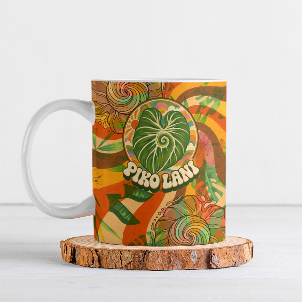 Hawaiian Piko Lani Cultivate I Ka Piko Aloha Ceramic Mug Retro Psychedelic Taro Leaf - Hibiscus Flowers TS04 Orange Green - Polynesian Pride
