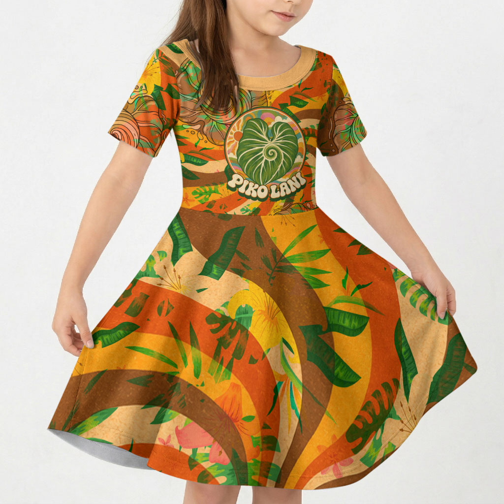 Hawaiian Piko Lani Cultivate I Ka Piko Aloha Kid Short Sleeve Dress Retro Psychedelic Taro Leaf - Hibiscus Flowers TS04 KID Orange Green - Polynesian Pride