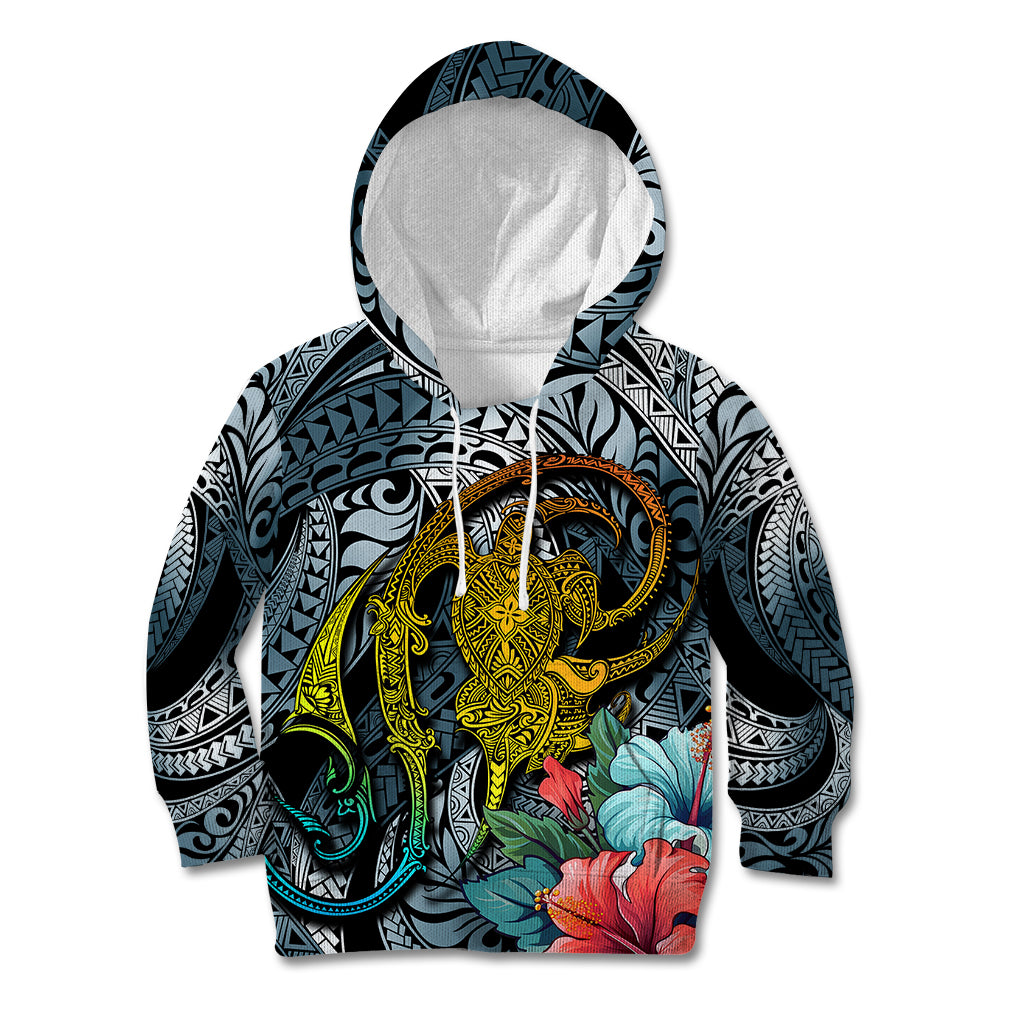 Hawaii Turtle Kid Hoodie Hawaii Pattern and Turtle Tattoo Dark Cyan Gradient TS04 Gradient - Polynesian Pride