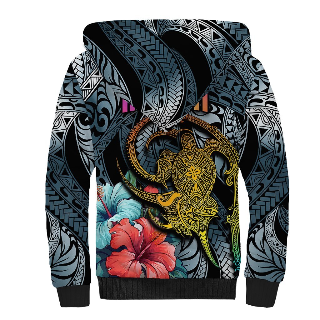 Hawaii Turtle Sherpa Hoodie Hawaii Pattern and Turtle Tattoo Dark Cyan Gradient TS04 - Polynesian Pride