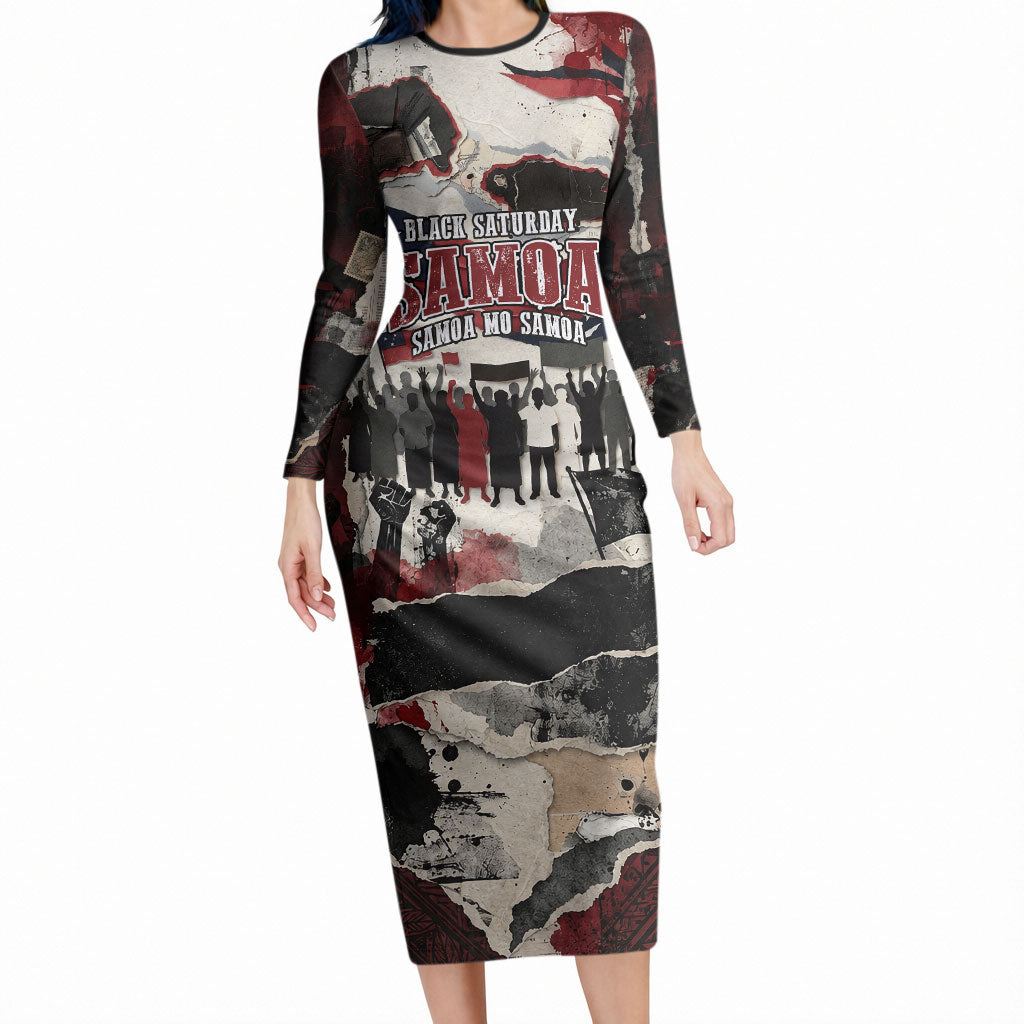 Samoa Black Saturday 1929 Long Sleeve Bodycon Dress Mau Movement Vintage Newspaper Grunge Polynesian TS04 Long Dress Black Red - Polynesian Pride
