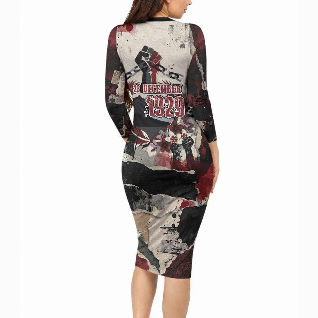 Samoa Black Saturday 1929 Long Sleeve Bodycon Dress Mau Movement Vintage Newspaper Grunge Polynesian TS04 - Polynesian Pride