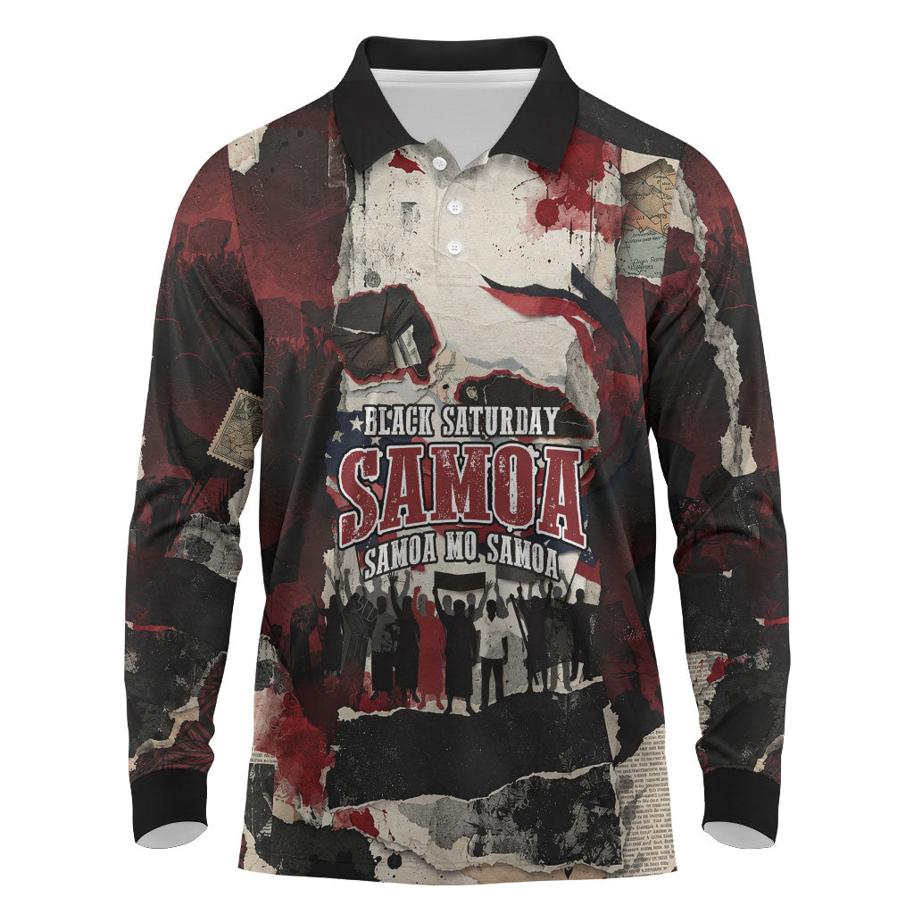 Samoa Black Saturday 1929 Long Sleeve Polo Shirt Mau Movement Vintage Newspaper Grunge Polynesian TS04 Black Red - Polynesian Pride