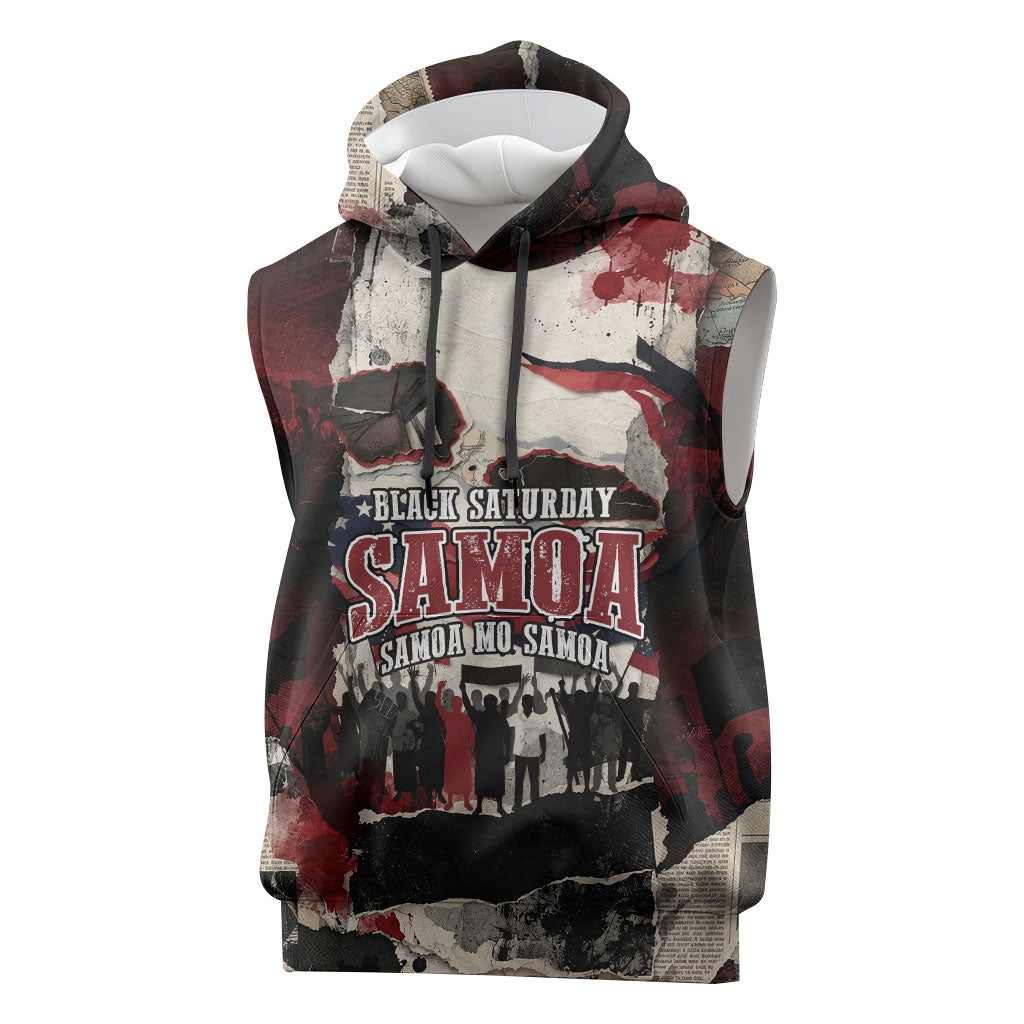 Samoa Black Saturday 1929 Sleeveless Hoodie Mau Movement Vintage Newspaper Grunge Polynesian TS04 Black Red - Polynesian Pride