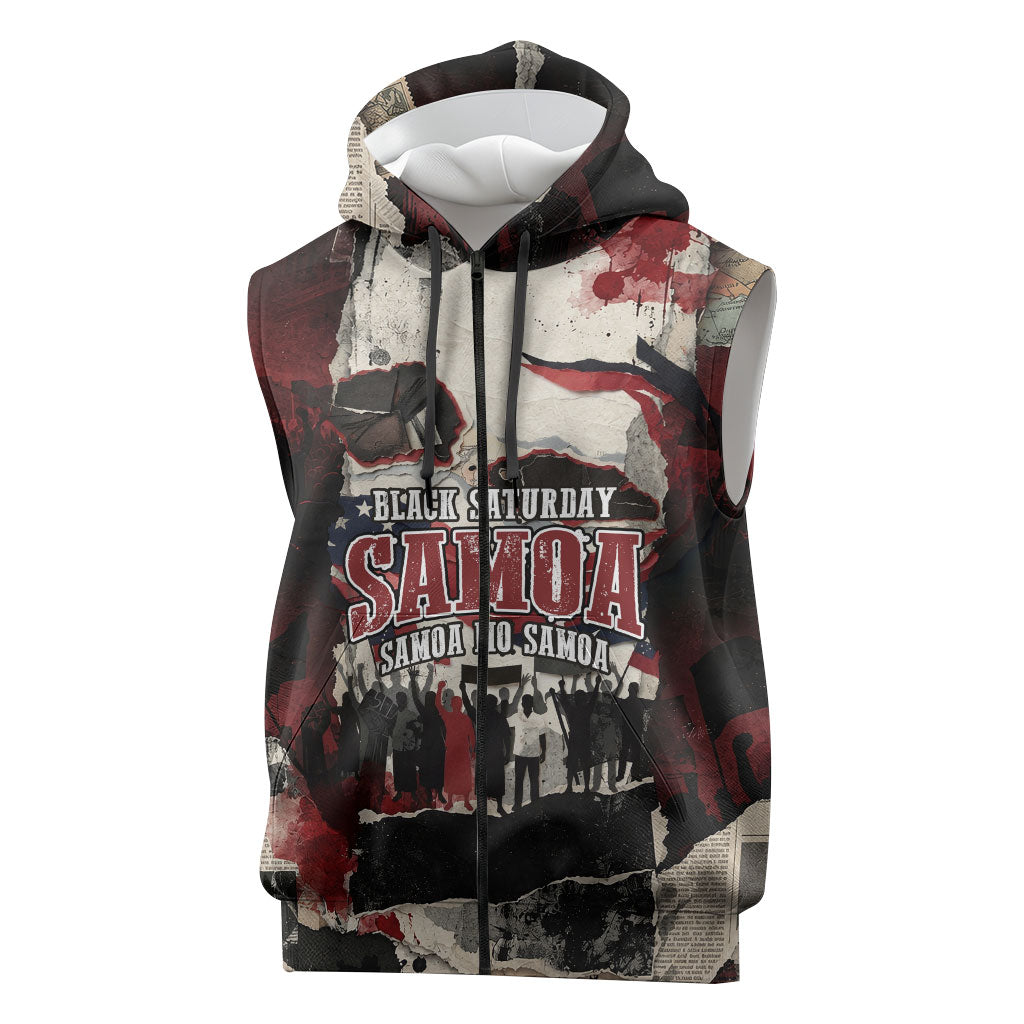 Samoa Black Saturday 1929 Sleeveless Zip Hoodie Mau Movement Vintage Newspaper Grunge Polynesian TS04 Black Red - Polynesian Pride