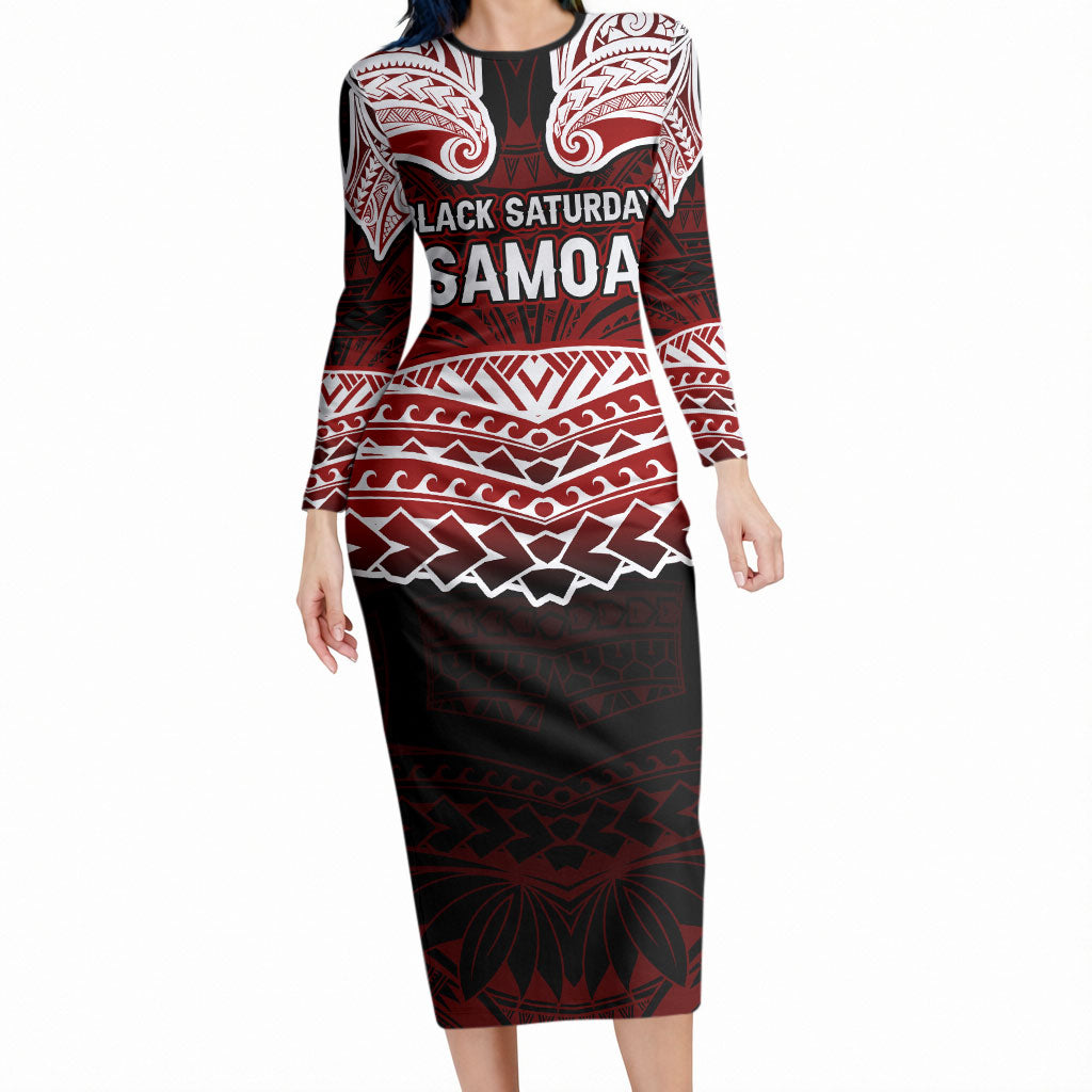 Samoa Black Saturday Mau Movement Long Sleeve Bodycon Dress Polynesian Tribal Pattern Coat Of Arms Graphic Art TS04 Long Dress Red White - Polynesian Pride