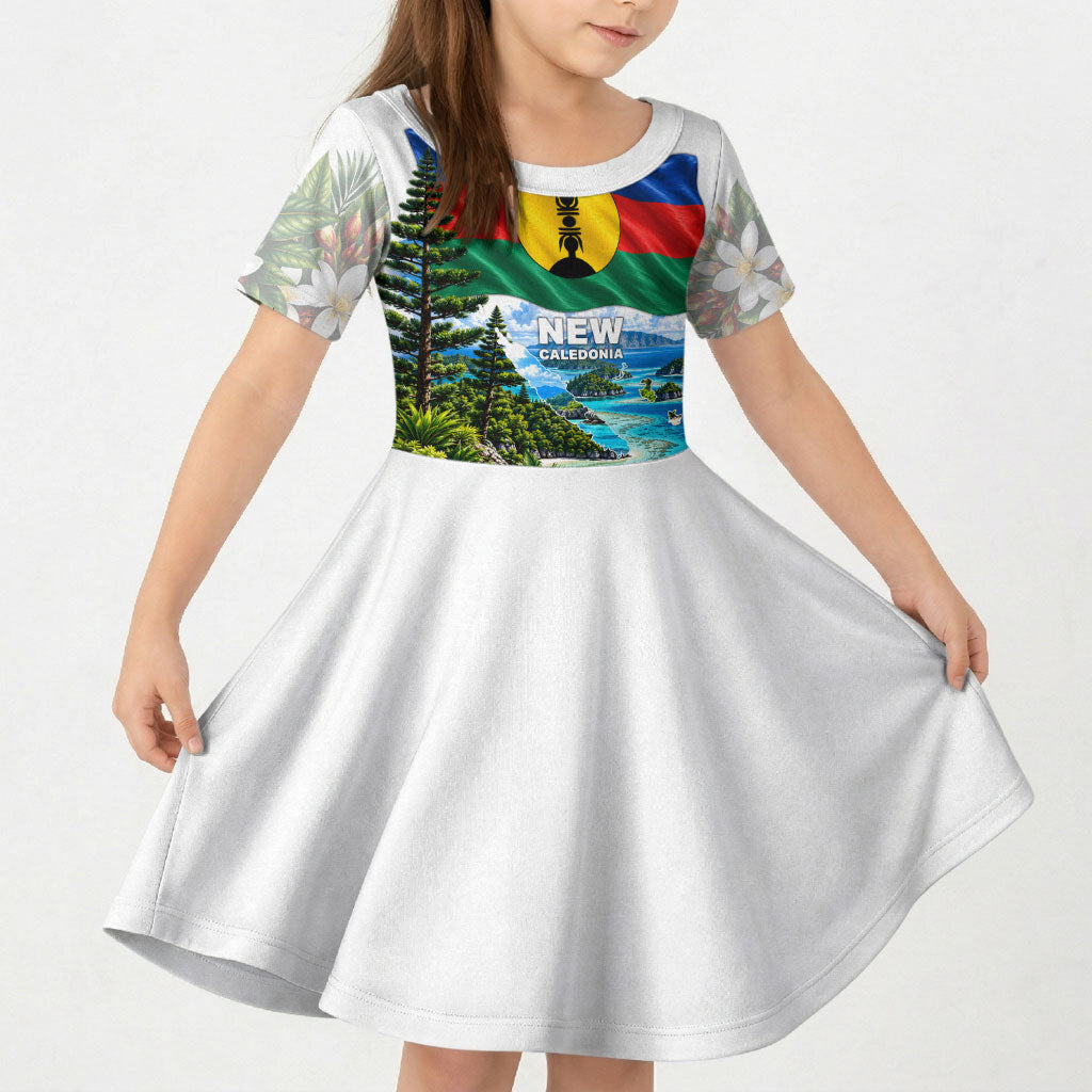 New Caledonia Kanak Flag Landscape Kid Short Sleeve Dress Tropical Island Nature Floral TS04 KID White Green - Polynesian Pride