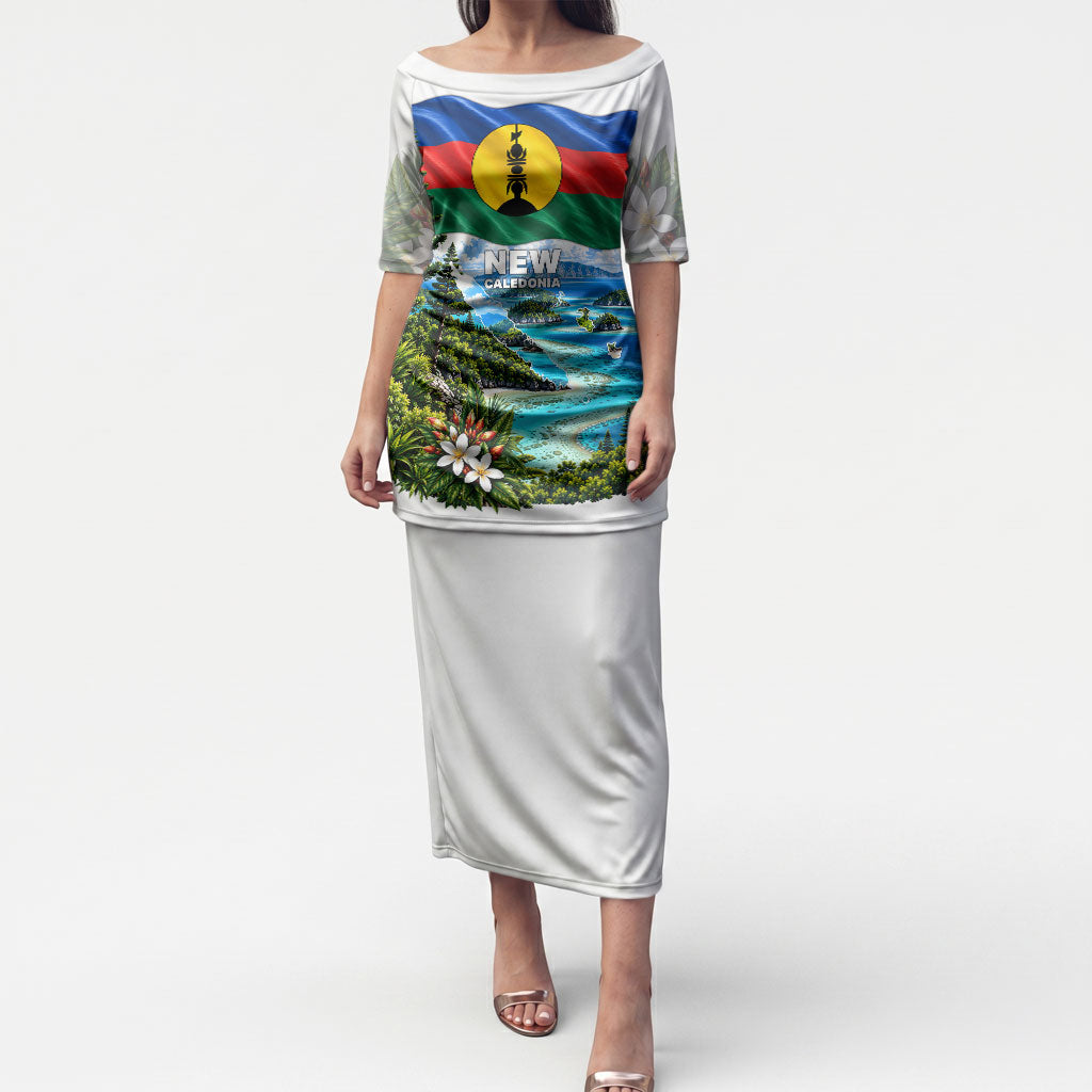 New Caledonia Kanak Flag Landscape Puletasi Tropical Island Nature Floral TS04 Long Dress White Green - Polynesian Pride