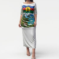 New Caledonia Kanak Flag Landscape Puletasi Tropical Island Nature Floral TS04 Long Dress White Green - Polynesian Pride