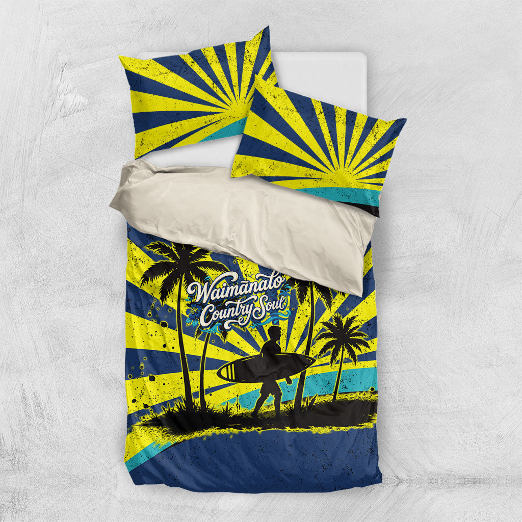 Waimanalo Oahu Hawaii Surfing Bedding Set Tropical Beach Retro Sunburst Surfboard TS04 US Twin 172cm x 218cm Yellow Blue - Polynesian Pride