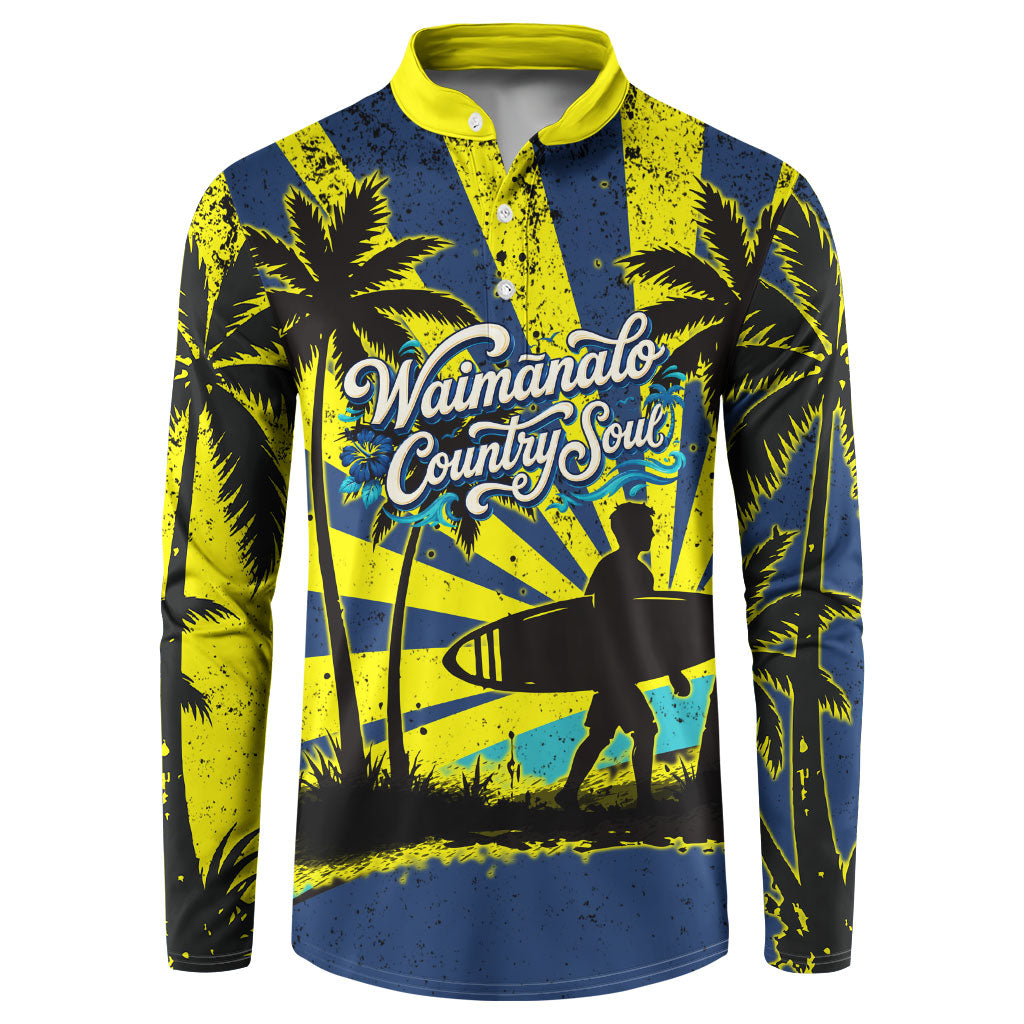 Waimanalo Oahu Hawaii Surfing Button Sweatshirt Tropical Beach Retro Sunburst Surfboard TS04 Yellow Blue - Polynesian Pride