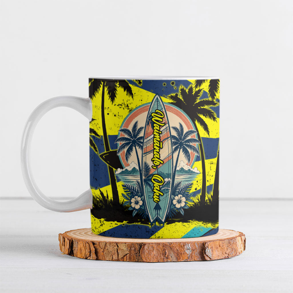 Waimanalo Oahu Hawaii Surfing Ceramic Mug Tropical Beach Retro Sunburst Surfboard TS04 Yellow Blue - Polynesian Pride